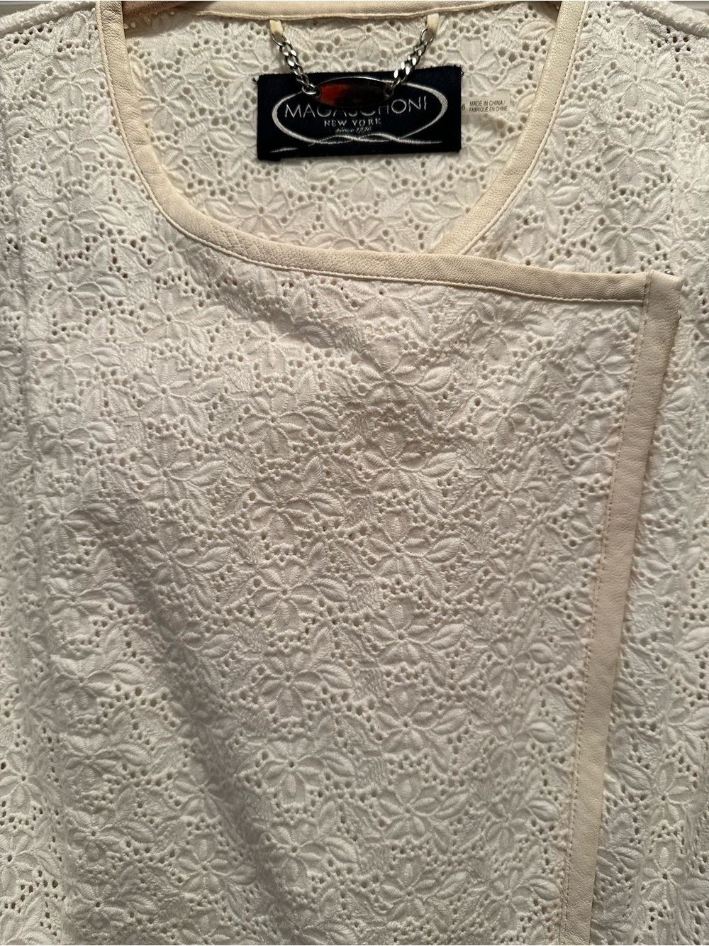 Magaschoni Ivory Cotton/Leather Lace Cropped Jacket